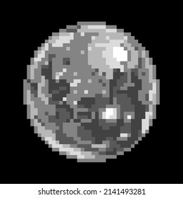 Vector isolated illustration of a grey pixel full moon on a black sky background. 8 bit retro game art style. Black and white symbol