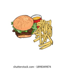 Vector isolated illustration of a hamburger with fries and a drink on a white background. Takeout food, blank for designers, icon, logo, market, cafe