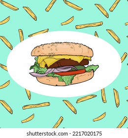 Vector isolated illustration of a hamburger with fries and a drink on a white background. Takeout food, blank for designers, icon, logo, market, cafe