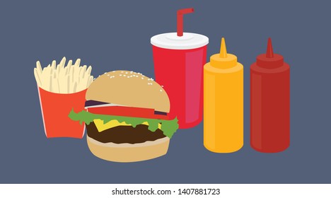 Vector Isolated Illustration of a Hamburger, Ketchup and Mustard, Fries and Beverage