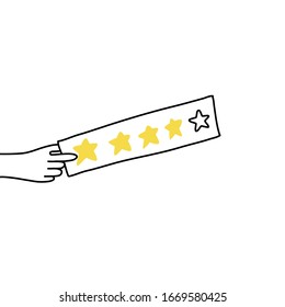 Vector ilustrado de la mano con cinco estrellas de rango.  el concepto de comentarios y revisión del cliente.  Ilustración del doodle sobre fondo blanco. diseño de banners
