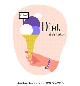 Vector isolated illustration of Hand Holding Diet Ice Cream in Waffle Cone and with Balls. Concept Dietary, Low Calorie Food, Health, Weight Loss, Obesity, Beauty, Appearance, Sweets, Delicious Food.