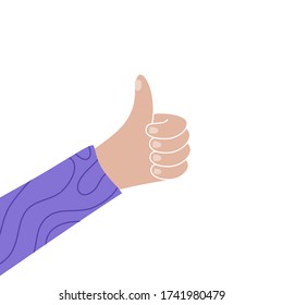 Vector isolated illustration of hand with thumb up. Feedback and customer review concept. User satisfaction. Flat illustration on white background. .