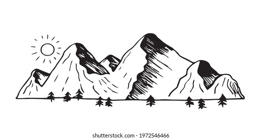 Vector isolated illustration hand-drawn in ink. Mountains, hills, peak, sun, forest. Travel, tourism. Hatching. Shadow. Freedom. Stylish black and white graphics. Free hand silhouettes, minimalism.