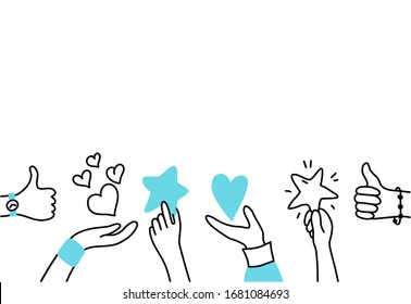 Vector isolated illustration of hands holding feedback symbols. Customer review concept. User satisfaction. Doodle illustration on white background. Email banner design 
