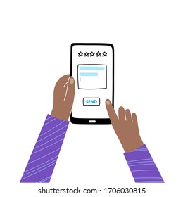 Vector isolated illustration of hands holding smartphone and touching screen. Website rating feedback and review concept. Vector flat cartoon illustration for web sites and banners design. 