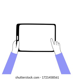 Vektorgrafik einzeln auf Händen, die Tablette und Touchscreen halten. Vektorflache Cartoon-Illustration für Webseiten und Banner-Design. Leerer Bildschirm mit Textstelle.