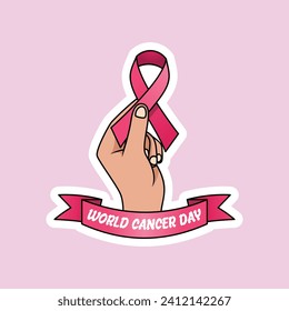 Vector isolated illustration of hands reaching out with an awareness ribbon in support of World Cancer Day.