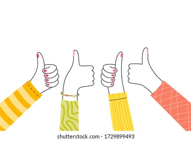 Vector isolated illustration of hands with thumb up. Feedback and customer review concept. User satisfaction. Flat illustration on white background. .