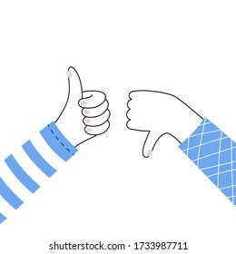 Vector isolated illustration of hands with thumb up and down, like and dislike. Feedback and customer review concept. User satisfaction. Flat illustration on white background. .