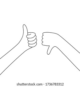 Ilustración aislada de las manos con el pulgar hacia arriba y hacia abajo, como y no como. Opiniones y concepto de revisión del cliente. Satisfacción del usuario. Ilustración plana sobre fondo blanco. ...