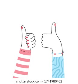 Imagen aislada de las manos con el pulgar hacia arriba. Opiniones y concepto de revisión del cliente. Satisfacción del usuario. Ilustración plana sobre fondo blanco. ...