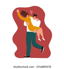 Vector isolated illustration of happy couple. Man holds woman in his arms. Concept Valentine s Day, love, wedding, family, relationship.