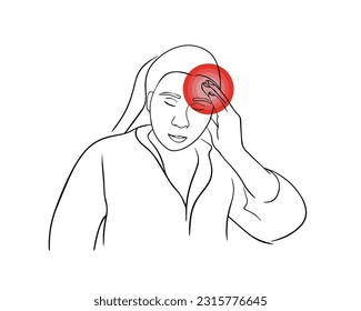Vector isolated illustration of headache. Migraine. Outline drawing of a girl holding her head. Concentration of pain in the temples.