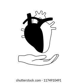 Vector isolated illustration of heart anatomy. Human circulatory system icon. Healthcare medical center, surgery, hospital, clinic, diagnostic logo. Internal donor organ symbol poster design. Donation