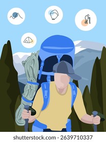 Vector isolated illustration of a hiker with a backpack in the mountains. Camping in the mountains.	