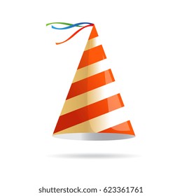 Vector isolated illustration. Holiday icon. Isometric 3d illustration. Birthday party hat with stripes. 