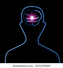 Vector isolated illustration of human brain with neon effect. Mental health of a person. Brain damage. Brain surgery.