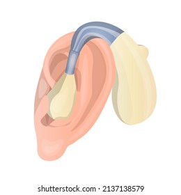 Vector isolated illustration with a human ear and a hearing aid. Concept of technological, medical devices, equipment for the deaf, assistance to the hard of hearing.