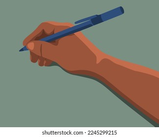 Vector ilustra aisladamente una mano humana sosteniendo una pluma. El proceso de escritura.