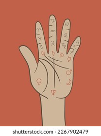 Vector isolated illustration of human hand with life lines and planets signs. Palmistry and prediction.