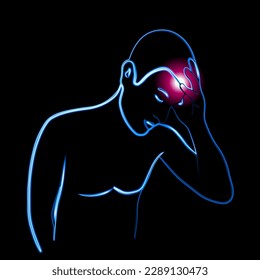 Vector isolated illustration of human headache. Neon outline drawing of a man holding his head. Migraine. The person fell ill.