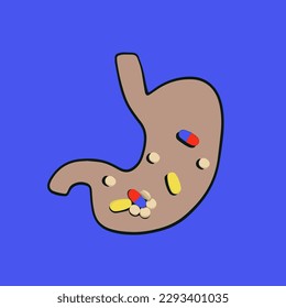 Vector isolated illustration of human stomach with pills and capsules in it. Probiotics to restore the microflora of the stomach. A picture of a stomach with probiotics.