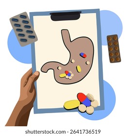 Vector isolated illustration of human stomach with pills and capsules in it. Probiotics to restore the microflora of the stomach. A picture of a stomach with probiotics.	