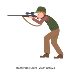 Vector isolated illustration of hunter shoot with hunting rifle, shotgun. Summertime hobby, sport or outdoor activity. Cartoon male character aiming with shotgun in bird or animal
