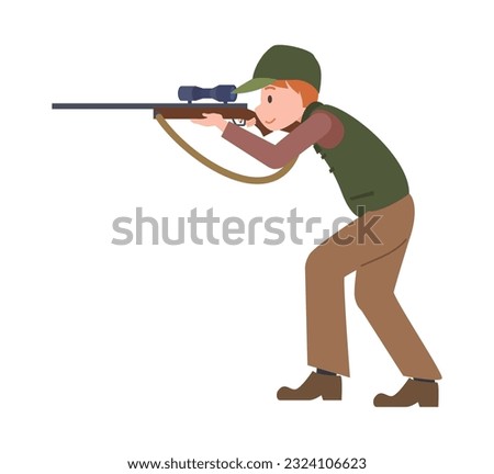 Vector isolated illustration of hunter shoot with hunting rifle, shotgun. Summertime hobby, sport or outdoor activity. Cartoon male character aiming with shotgun in bird or animal
