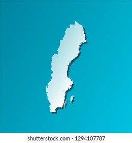 Vector isolated illustration icon with light blue silhouette of simplified map of Sweden. Bright blue background with shadow