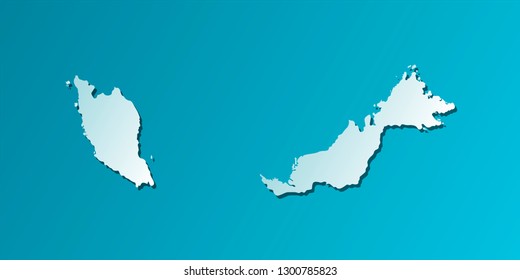 Vector isolated illustration icon with light blue silhouette of simplified map of Malaysia. Bright blue background with shadow