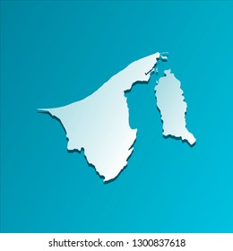 Vector isolated illustration icon with light blue silhouette of simplified map of Nation of Brunei, the Abode of Peace. Bright blue background with shadow