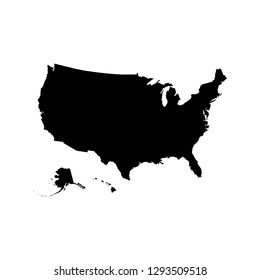 Vector Isolated Illustration Icon Of Simplified Political Map USA (United States Of America, Including Alaska And Hawaii). Black Silhouette. White Background