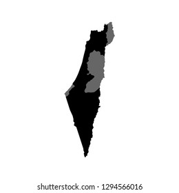 Vector isolated illustration icon with simplified map of State of Israel. Black silhouette, white background, grey shapes of disputed territories of Gaza, West Bank, Golan)