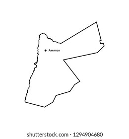 Vector isolated illustration icon with simplified map of Hashemite Kingdom of Jordan with marked capital - Amman. Black line silhouette, white background