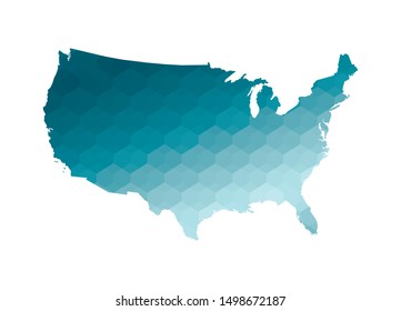 Vector isolated illustration icon with simplified blue silhouette of USA map. Polygonal geometric style. White background.