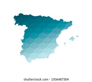 Vector isolated illustration icon with simplified blue silhouette of Spain map. Polygonal geometric style. White background.