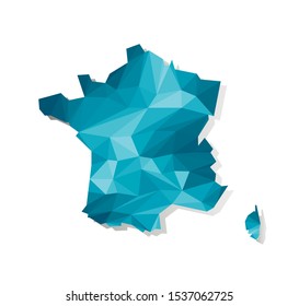 Vector isolated illustration icon with simplified blue silhouette of France map. Polygonal geometric style, triangular shapes. White background.