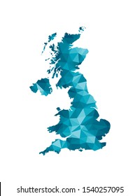 Vector isolated illustration icon with simplified blue silhouette of United Kingdom of Great Britain and Northern Ireland (UK) map. Polygonal geometric style, triangular shapes. White background.