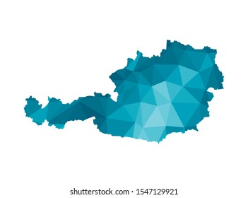 Vector isolated illustration icon with simplified blue silhouette of Austria map. Polygonal geometric style, triangular shapes. White background.