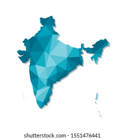 Vector isolated illustration icon with simplified blue silhouette of India map. Polygonal geometric style, triangular shapes. White background.