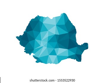 Vector isolated illustration icon with simplified blue silhouette of Romania map. Polygonal geometric style, triangular shapes. White background.