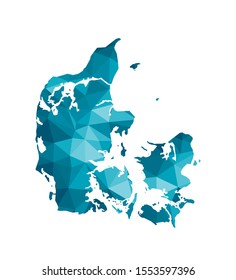 Vector isolated illustration icon with simplified blue silhouette of Denmark  map. Polygonal geometric style, triangular shapes. White background.