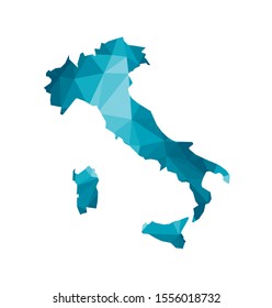 Vector isolated illustration icon with simplified blue silhouette of Italy map. Polygonal geometric style, triangular shapes. White background.