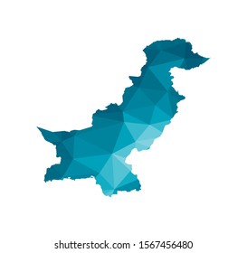 Vector isolated illustration icon with simplified blue silhouette of Pakistan map. Polygonal geometric style, triangular shapes. White background.