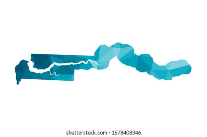 Vector isolated illustration icon with simplified blue silhouette of Gambia map. Polygonal geometric style, triangular shapes. White background.