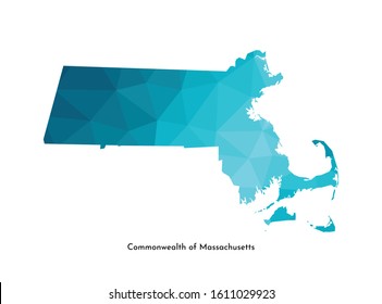 Vector isolated illustration icon with simplified blue map's silhouette of Commonwealth of Massachusetts (USA). Polygonal geometric style. White background.