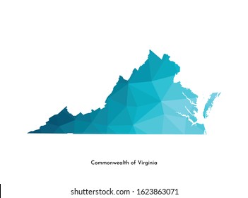 Vector isolated illustration icon with simplified blue map's silhouette of Commonwealth of Virginia (USA). Polygonal geometric style. White background.