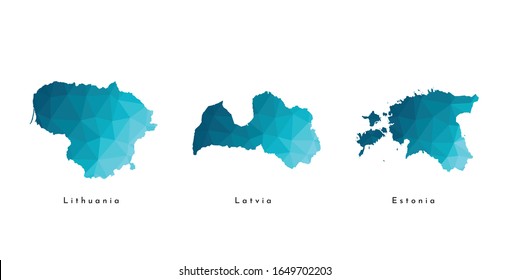 Vector isolated illustration icon with simplified blue maps of Baltic states - Estonia, Latvia, Lithuania. Polygonal triangular geometric style. White background.